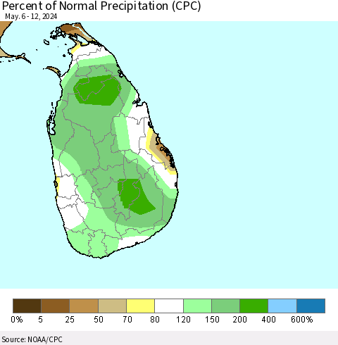 Sri Lanka Percent of Normal Precipitation (CPC) Thematic Map For 5/6/2024 - 5/12/2024