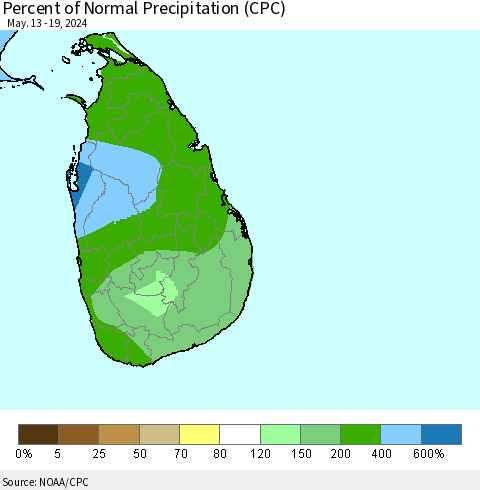 Sri Lanka Percent of Normal Precipitation (CPC) Thematic Map For 5/13/2024 - 5/19/2024