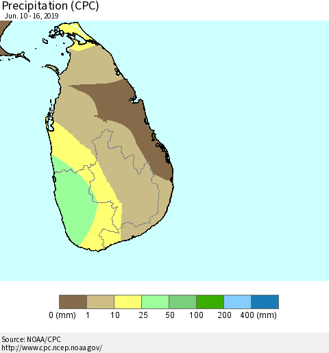 Sri Lanka Precipitation (CPC) Thematic Map For 6/10/2019 - 6/16/2019