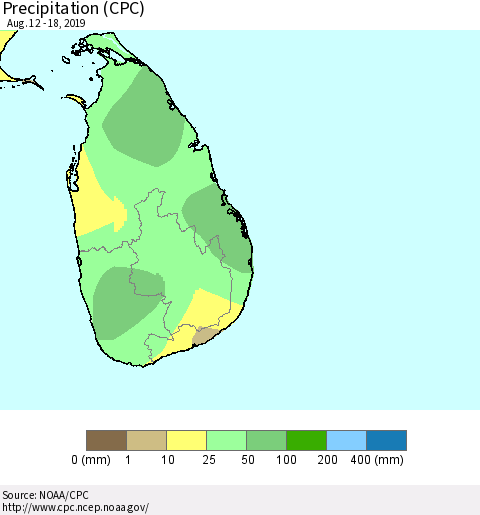 Sri Lanka Precipitation (CPC) Thematic Map For 8/12/2019 - 8/18/2019