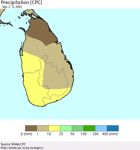 Sri Lanka Precipitation (CPC) Thematic Map For 9/2/2019 - 9/8/2019