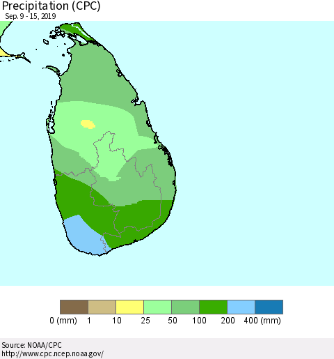 Sri Lanka Precipitation (CPC) Thematic Map For 9/9/2019 - 9/15/2019
