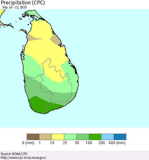 Sri Lanka Precipitation (CPC) Thematic Map For 9/16/2019 - 9/22/2019