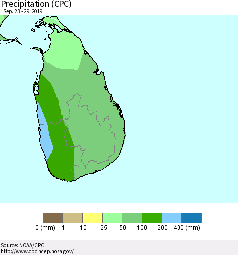 Sri Lanka Precipitation (CPC) Thematic Map For 9/23/2019 - 9/29/2019