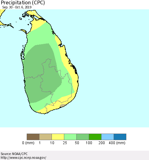 Sri Lanka Precipitation (CPC) Thematic Map For 9/30/2019 - 10/6/2019