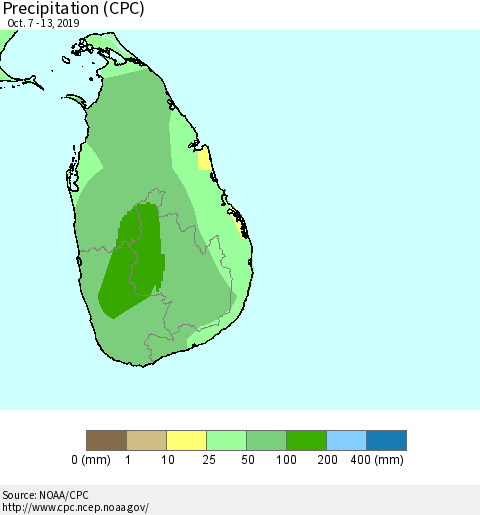 Sri Lanka Precipitation (CPC) Thematic Map For 10/7/2019 - 10/13/2019