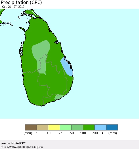 Sri Lanka Precipitation (CPC) Thematic Map For 10/21/2019 - 10/27/2019