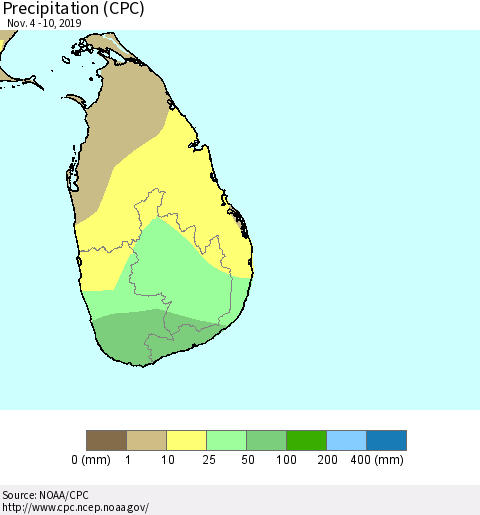 Sri Lanka Precipitation (CPC) Thematic Map For 11/4/2019 - 11/10/2019