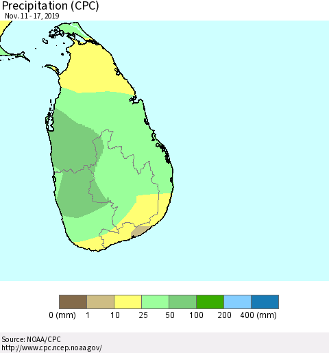 Sri Lanka Precipitation (CPC) Thematic Map For 11/11/2019 - 11/17/2019