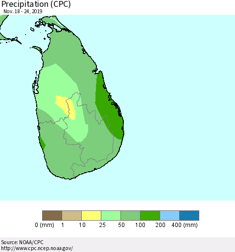 Sri Lanka Precipitation (CPC) Thematic Map For 11/18/2019 - 11/24/2019