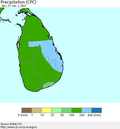 Sri Lanka Precipitation (CPC) Thematic Map For 11/25/2019 - 12/1/2019