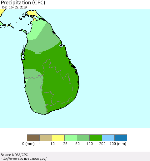 Sri Lanka Precipitation (CPC) Thematic Map For 12/16/2019 - 12/22/2019