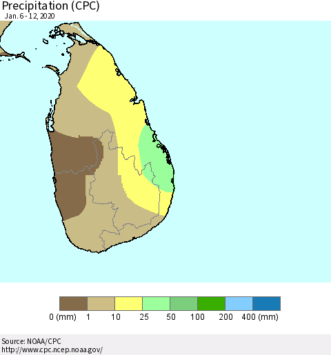 Sri Lanka Precipitation (CPC) Thematic Map For 1/6/2020 - 1/12/2020