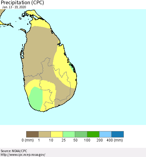 Sri Lanka Precipitation (CPC) Thematic Map For 1/13/2020 - 1/19/2020