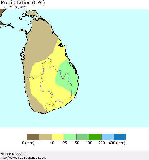 Sri Lanka Precipitation (CPC) Thematic Map For 1/20/2020 - 1/26/2020