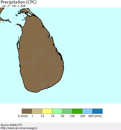 Sri Lanka Precipitation (CPC) Thematic Map For 1/27/2020 - 2/2/2020