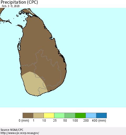 Sri Lanka Precipitation (CPC) Thematic Map For 2/3/2020 - 2/9/2020
