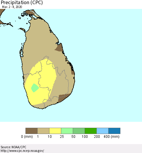Sri Lanka Precipitation (CPC) Thematic Map For 3/2/2020 - 3/8/2020