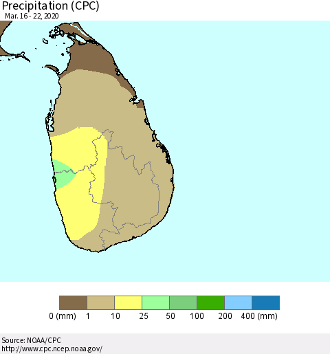 Sri Lanka Precipitation (CPC) Thematic Map For 3/16/2020 - 3/22/2020
