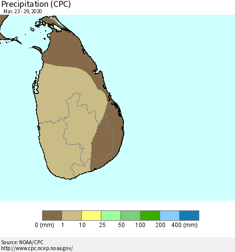 Sri Lanka Precipitation (CPC) Thematic Map For 3/23/2020 - 3/29/2020