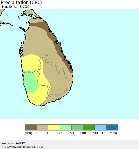 Sri Lanka Precipitation (CPC) Thematic Map For 3/30/2020 - 4/5/2020