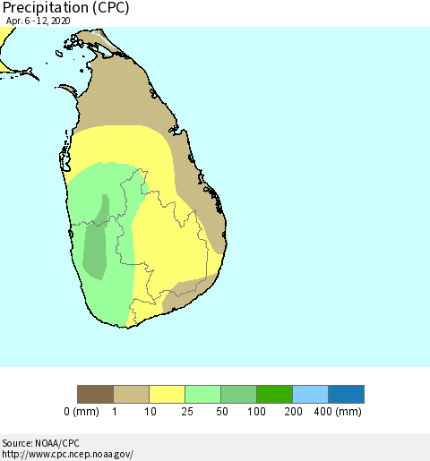 Sri Lanka Precipitation (CPC) Thematic Map For 4/6/2020 - 4/12/2020