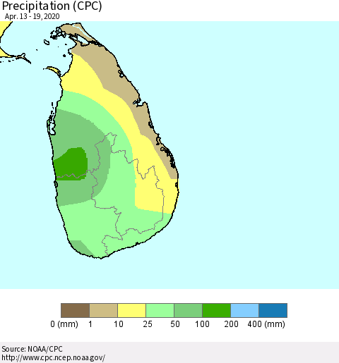 Sri Lanka Precipitation (CPC) Thematic Map For 4/13/2020 - 4/19/2020