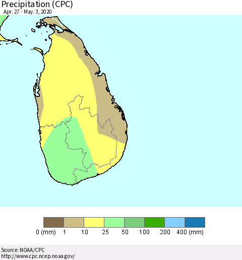Sri Lanka Precipitation (CPC) Thematic Map For 4/27/2020 - 5/3/2020