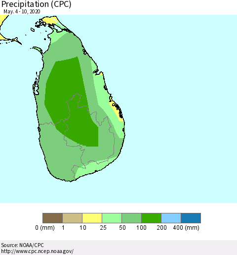 Sri Lanka Precipitation (CPC) Thematic Map For 5/4/2020 - 5/10/2020