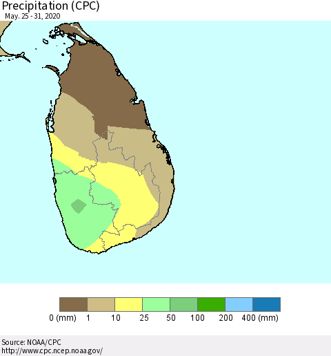 Sri Lanka Precipitation (CPC) Thematic Map For 5/25/2020 - 5/31/2020