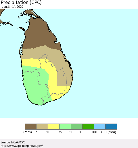 Sri Lanka Precipitation (CPC) Thematic Map For 6/8/2020 - 6/14/2020