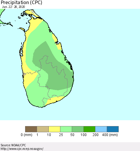 Sri Lanka Precipitation (CPC) Thematic Map For 6/22/2020 - 6/28/2020
