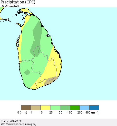 Sri Lanka Precipitation (CPC) Thematic Map For 7/6/2020 - 7/12/2020