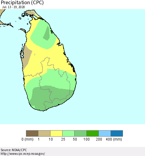 Sri Lanka Precipitation (CPC) Thematic Map For 7/13/2020 - 7/19/2020