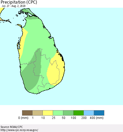 Sri Lanka Precipitation (CPC) Thematic Map For 7/27/2020 - 8/2/2020