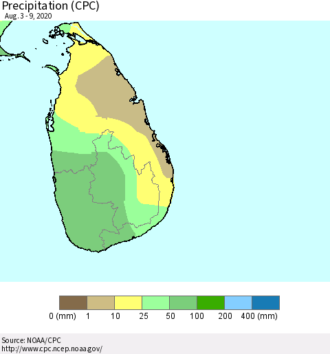 Sri Lanka Precipitation (CPC) Thematic Map For 8/3/2020 - 8/9/2020