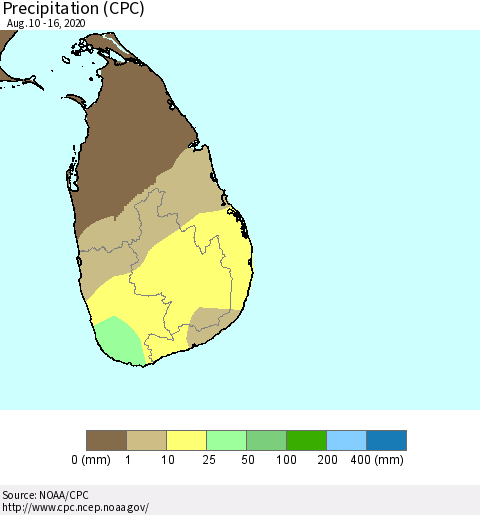 Sri Lanka Precipitation (CPC) Thematic Map For 8/10/2020 - 8/16/2020