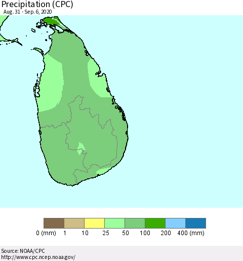 Sri Lanka Precipitation (CPC) Thematic Map For 8/31/2020 - 9/6/2020