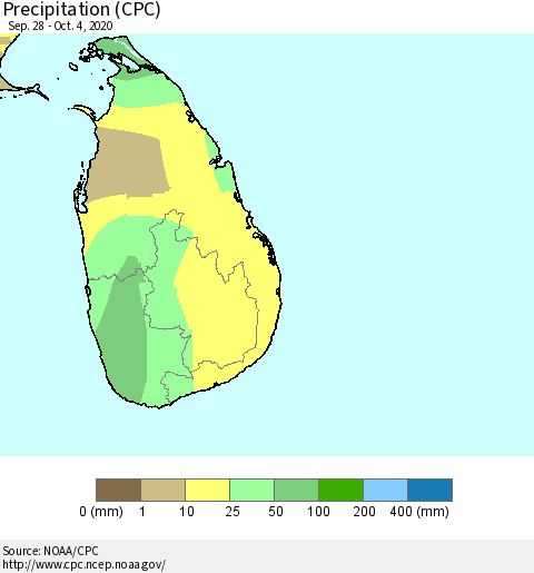 Sri Lanka Precipitation (CPC) Thematic Map For 9/28/2020 - 10/4/2020