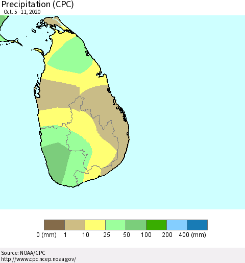Sri Lanka Precipitation (CPC) Thematic Map For 10/5/2020 - 10/11/2020
