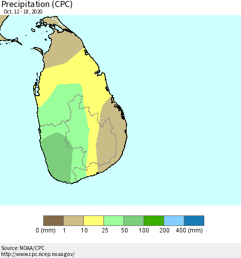 Sri Lanka Precipitation (CPC) Thematic Map For 10/12/2020 - 10/18/2020