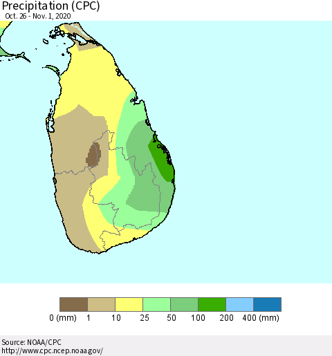 Sri Lanka Precipitation (CPC) Thematic Map For 10/26/2020 - 11/1/2020