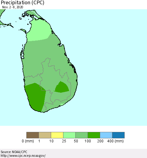 Sri Lanka Precipitation (CPC) Thematic Map For 11/2/2020 - 11/8/2020