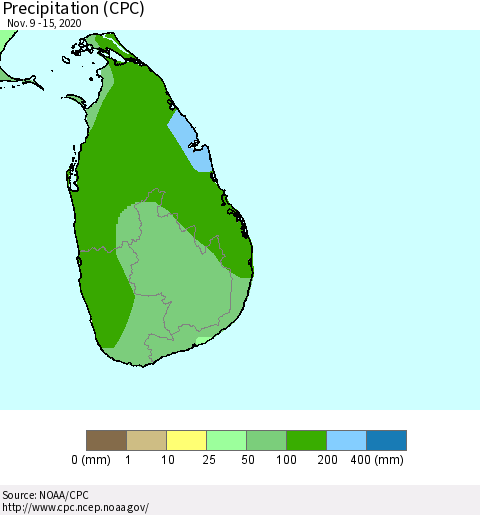 Sri Lanka Precipitation (CPC) Thematic Map For 11/9/2020 - 11/15/2020