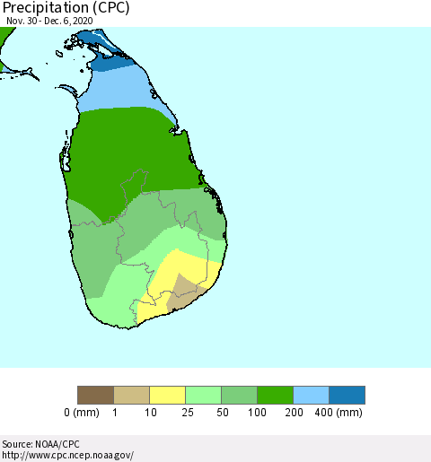 Sri Lanka Precipitation (CPC) Thematic Map For 11/30/2020 - 12/6/2020