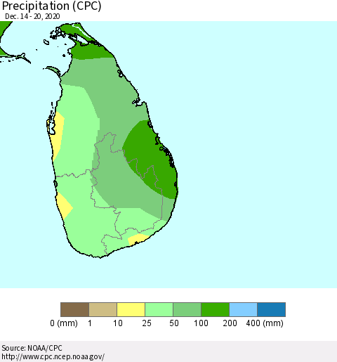 Sri Lanka Precipitation (CPC) Thematic Map For 12/14/2020 - 12/20/2020