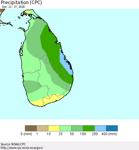Sri Lanka Precipitation (CPC) Thematic Map For 12/21/2020 - 12/27/2020