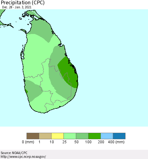 Sri Lanka Precipitation (CPC) Thematic Map For 12/28/2020 - 1/3/2021