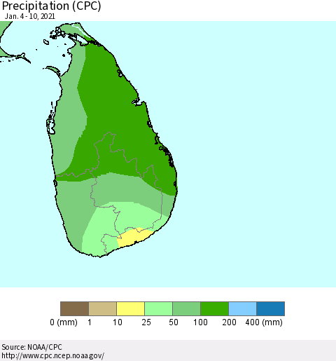 Sri Lanka Precipitation (CPC) Thematic Map For 1/4/2021 - 1/10/2021