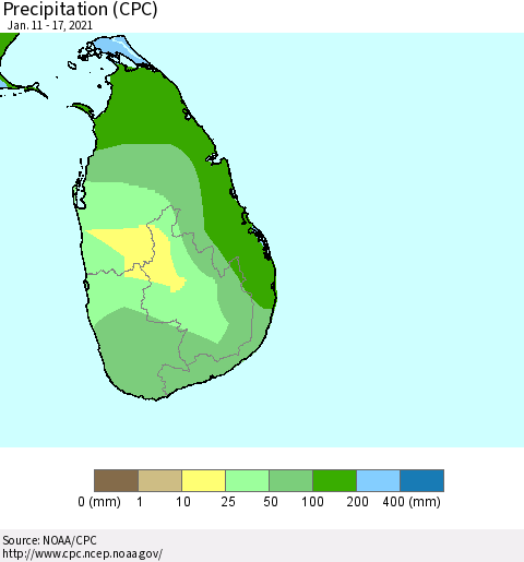 Sri Lanka Precipitation (CPC) Thematic Map For 1/11/2021 - 1/17/2021